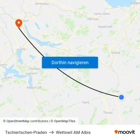 Tschiertschen-Praden to Wettswil AM Albis map