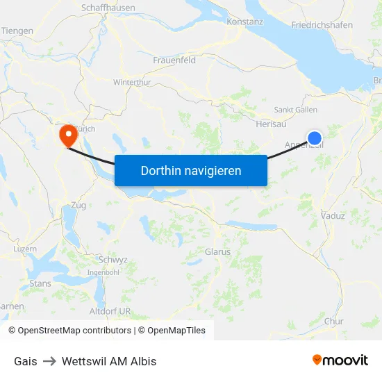 Gais to Wettswil AM Albis map