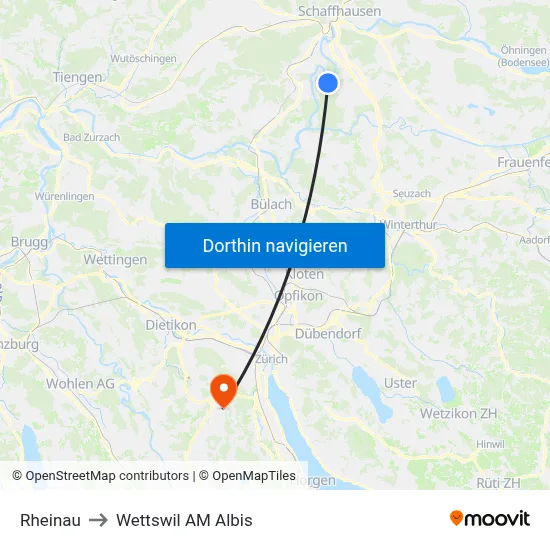 Rheinau to Wettswil AM Albis map