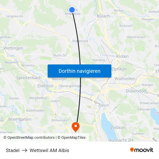 Stadel to Wettswil AM Albis map