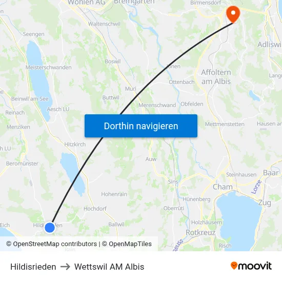 Hildisrieden to Wettswil AM Albis map