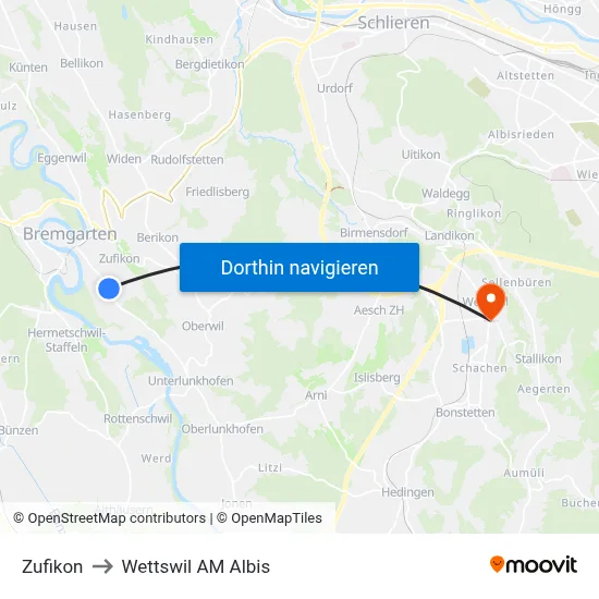 Zufikon to Wettswil AM Albis map