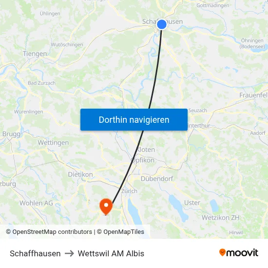 Schaffhausen to Wettswil AM Albis map