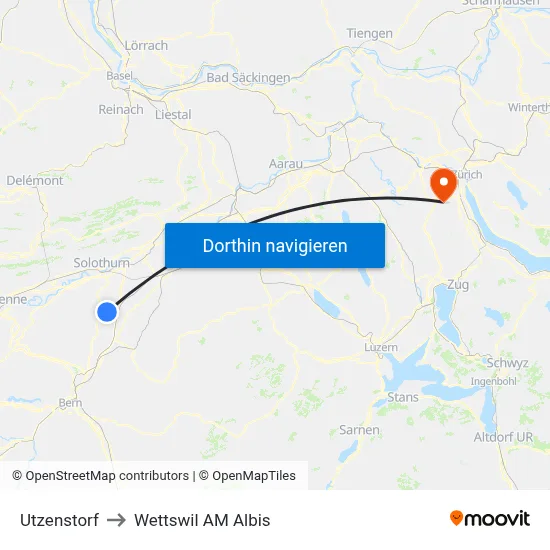 Utzenstorf to Wettswil AM Albis map