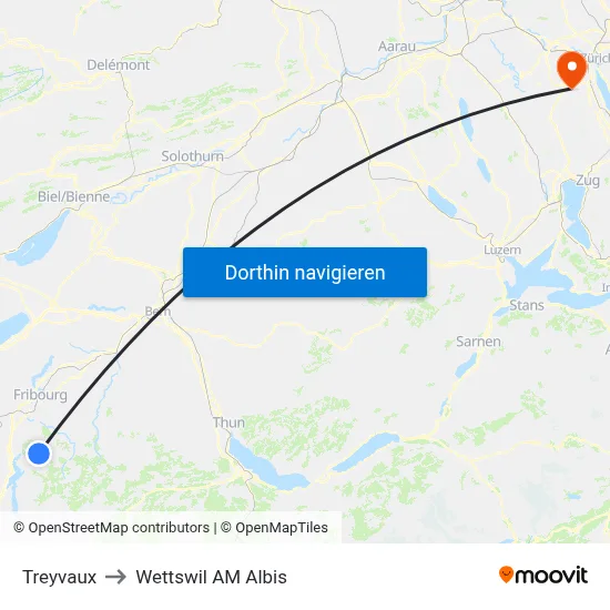 Treyvaux to Wettswil AM Albis map