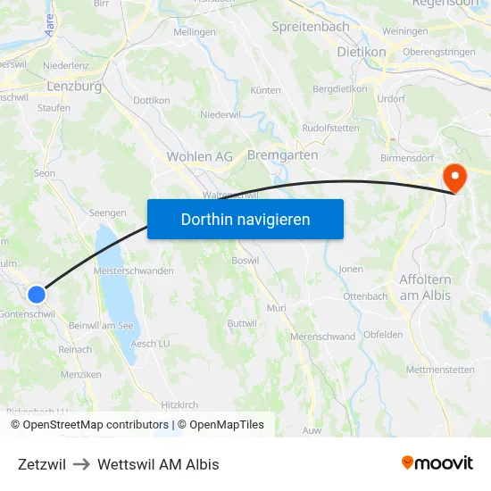 Zetzwil to Wettswil AM Albis map