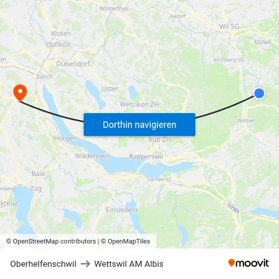 Oberhelfenschwil to Wettswil AM Albis map
