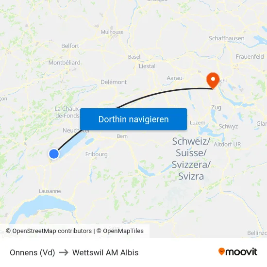 Onnens (Vd) to Wettswil AM Albis map