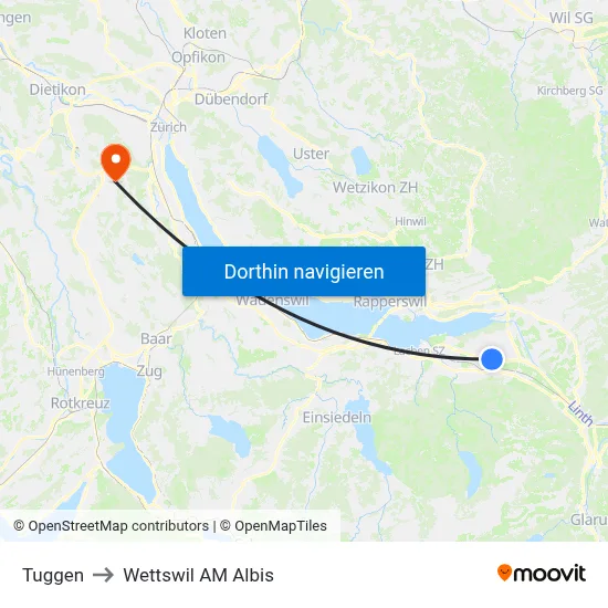 Tuggen to Wettswil AM Albis map