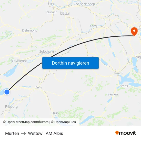 Murten to Wettswil AM Albis map