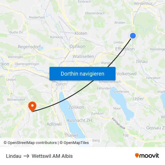 Lindau to Wettswil AM Albis map