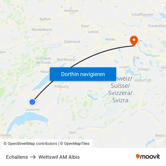 Echallens to Wettswil AM Albis map