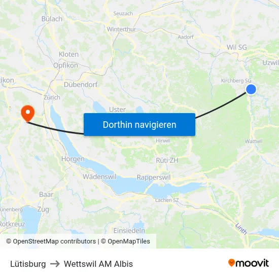 Lütisburg to Wettswil AM Albis map