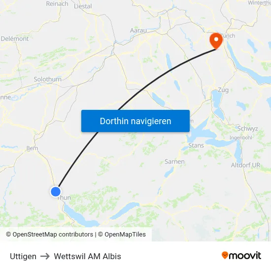 Uttigen to Wettswil AM Albis map
