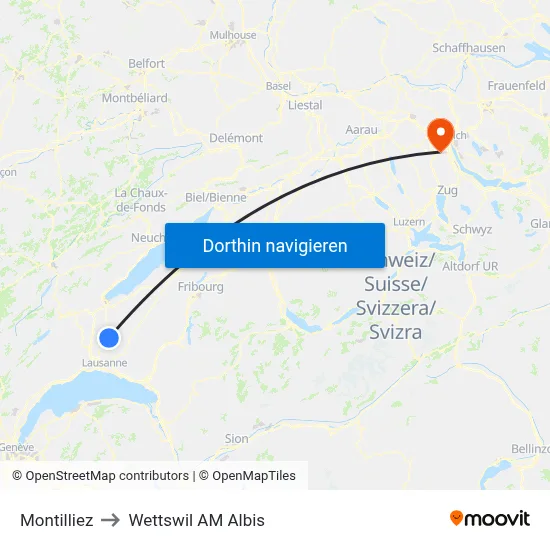 Montilliez to Wettswil AM Albis map