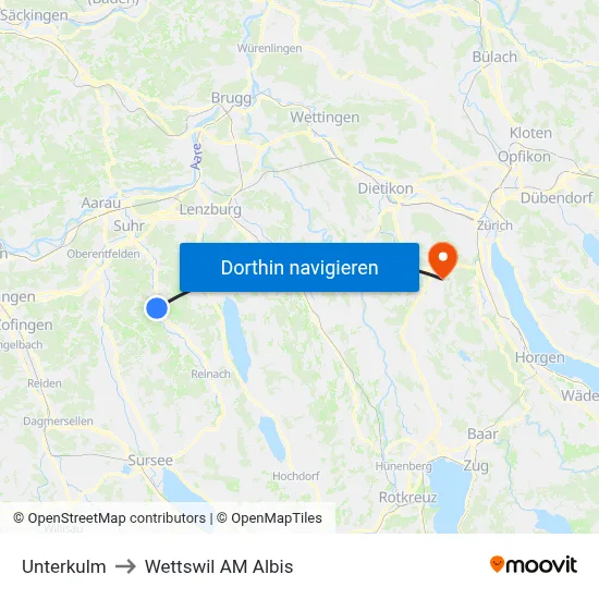 Unterkulm to Wettswil AM Albis map