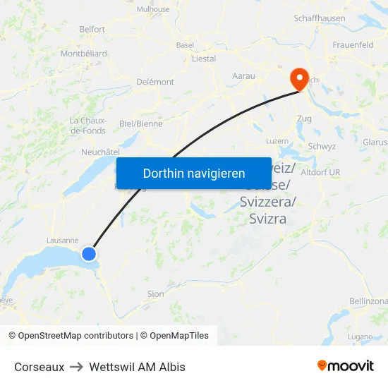 Corseaux to Wettswil AM Albis map