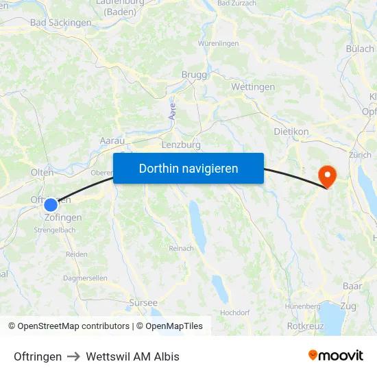 Oftringen to Wettswil AM Albis map