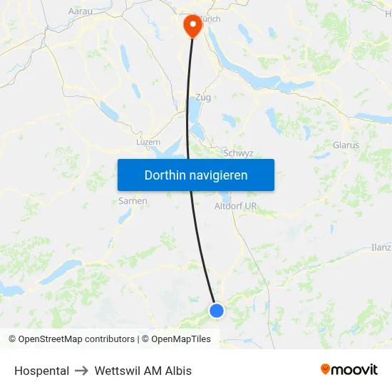 Hospental to Wettswil AM Albis map