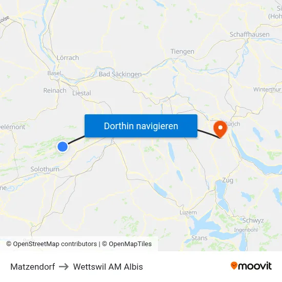 Matzendorf to Wettswil AM Albis map