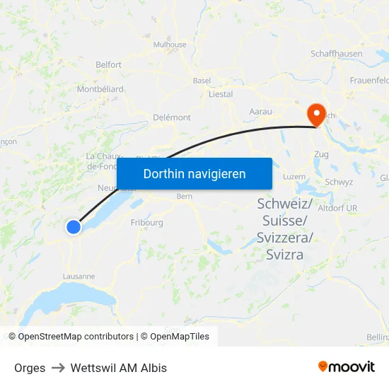 Orges to Wettswil AM Albis map