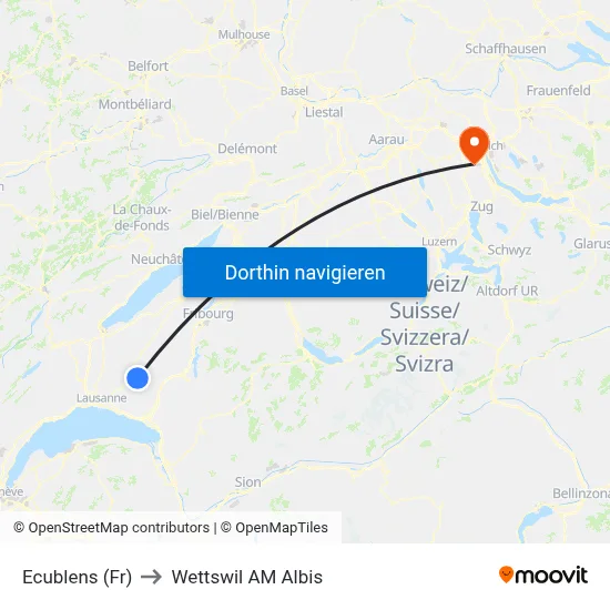 Ecublens (Fr) to Wettswil AM Albis map