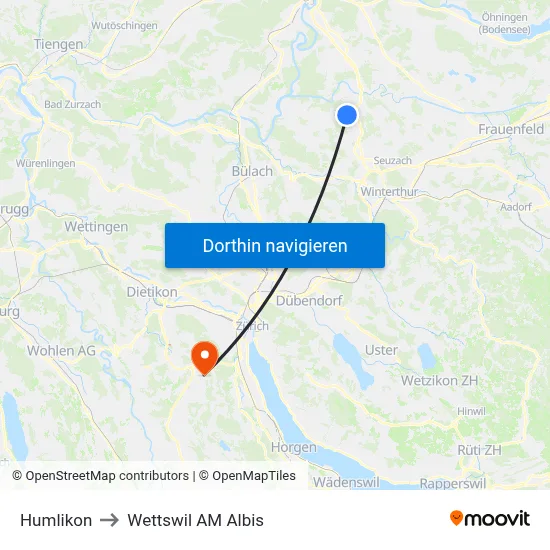 Humlikon to Wettswil AM Albis map