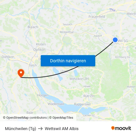 Münchwilen (Tg) to Wettswil AM Albis map