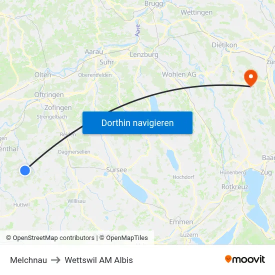 Melchnau to Wettswil AM Albis map