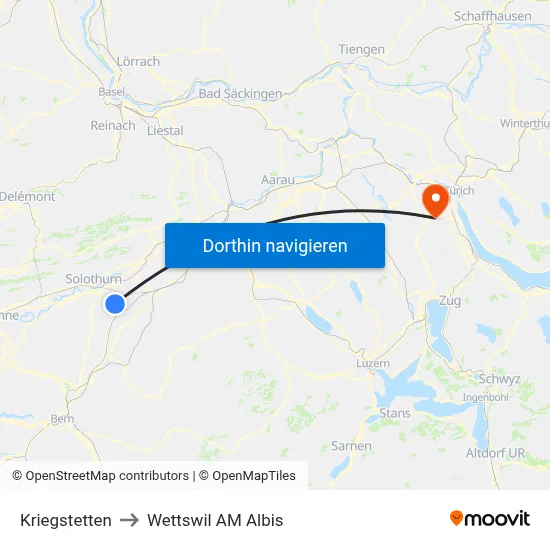 Kriegstetten to Wettswil AM Albis map