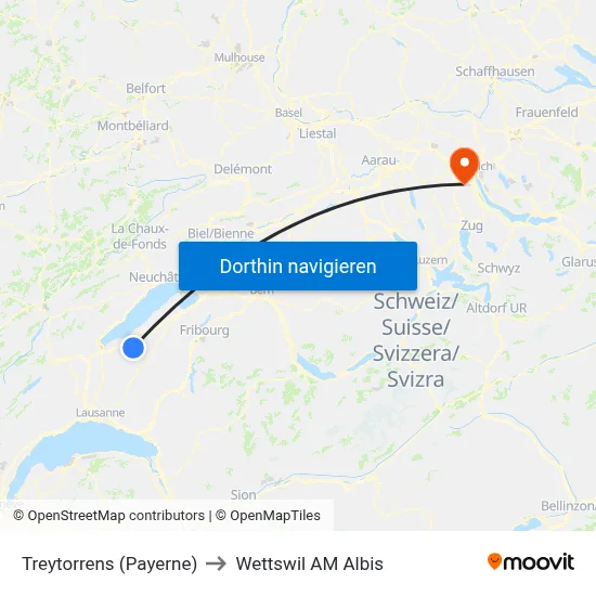 Treytorrens (Payerne) to Wettswil AM Albis map