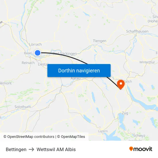 Bettingen to Wettswil AM Albis map