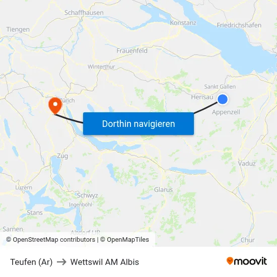Teufen (Ar) to Wettswil AM Albis map