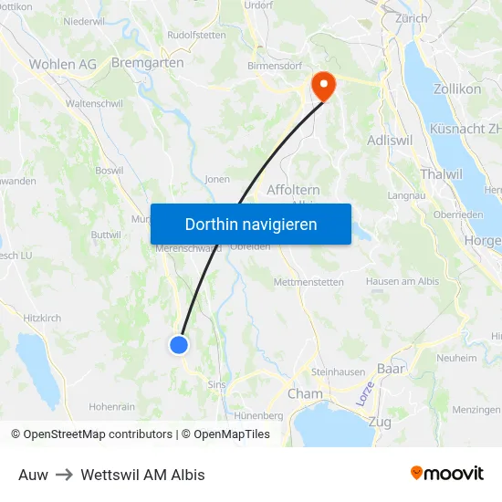 Auw to Wettswil AM Albis map