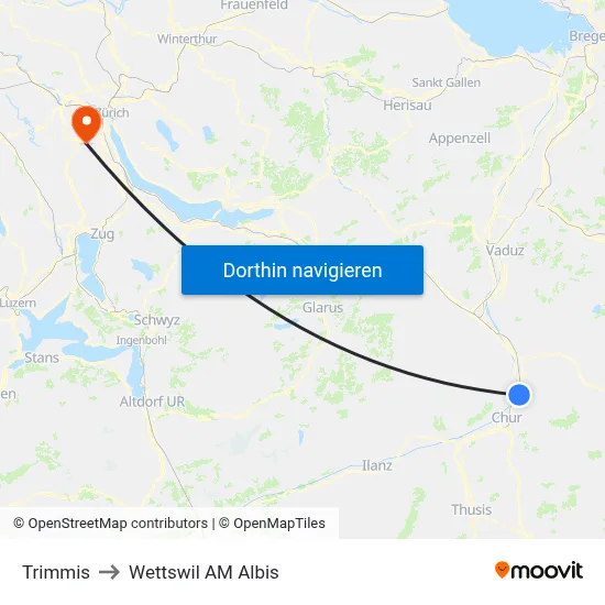 Trimmis to Wettswil AM Albis map