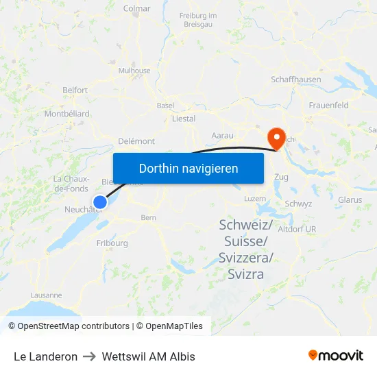 Le Landeron to Wettswil AM Albis map