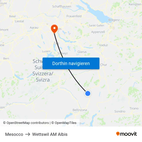 Mesocco to Wettswil AM Albis map