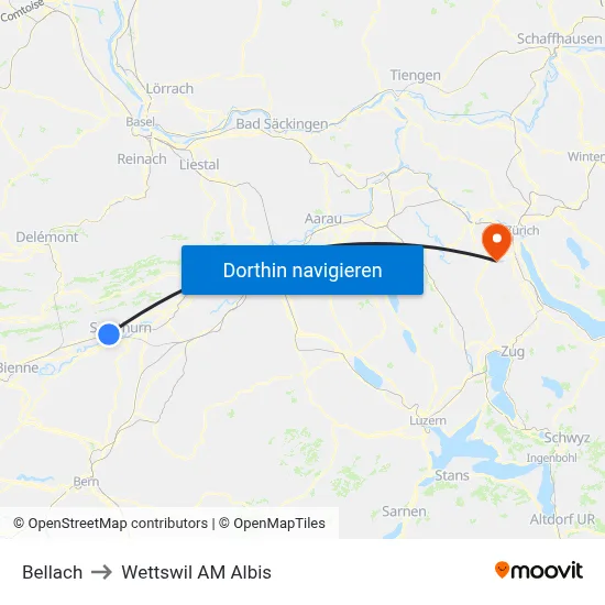 Bellach to Wettswil AM Albis map