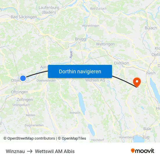 Winznau to Wettswil AM Albis map