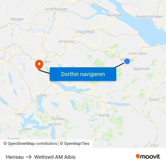 Herisau to Wettswil AM Albis map