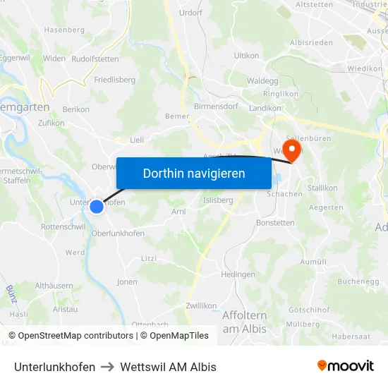 Unterlunkhofen to Wettswil AM Albis map