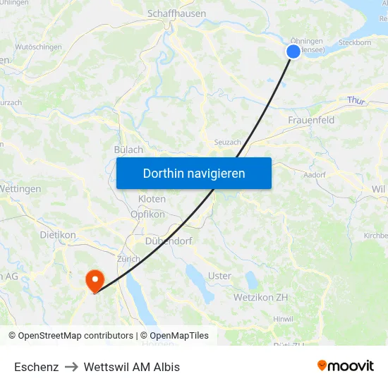 Eschenz to Wettswil AM Albis map