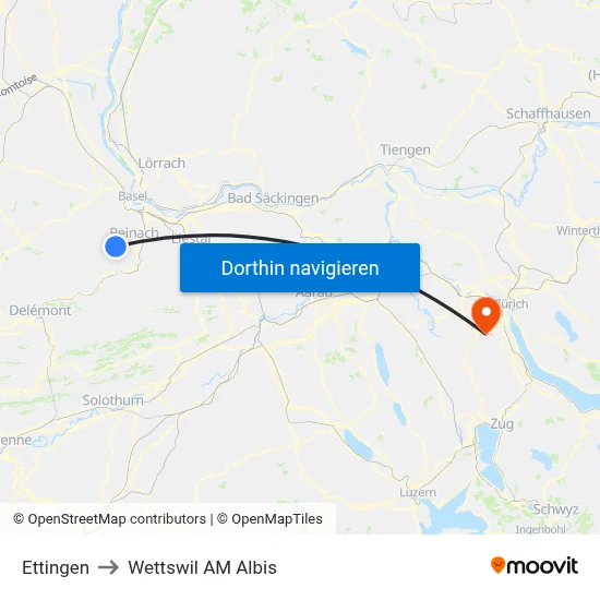 Ettingen to Wettswil AM Albis map