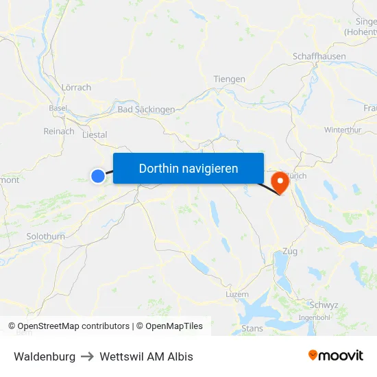 Waldenburg to Wettswil AM Albis map
