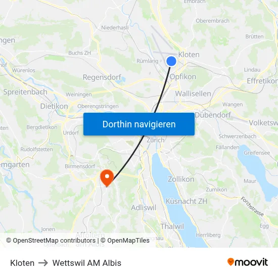 Kloten to Wettswil AM Albis map