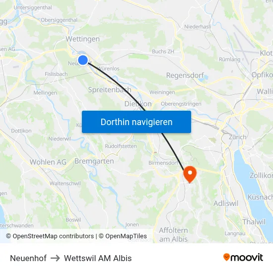 Neuenhof to Wettswil AM Albis map