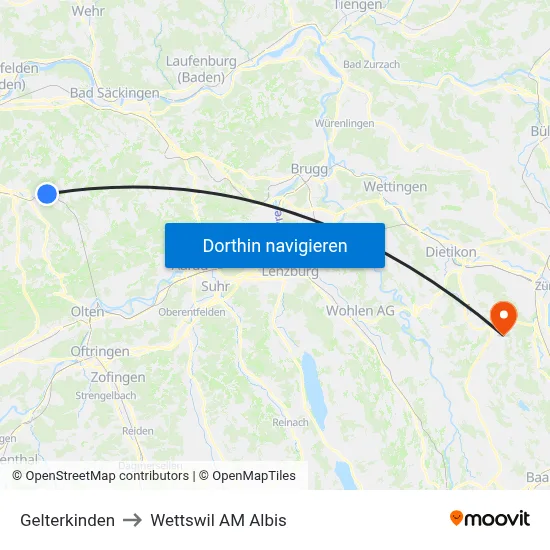 Gelterkinden to Wettswil AM Albis map