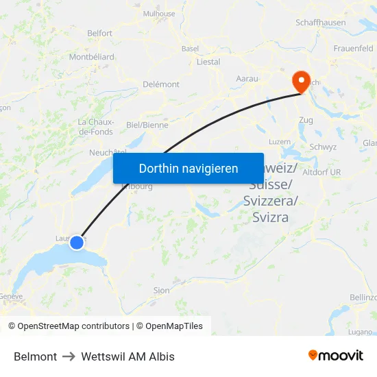 Belmont to Wettswil AM Albis map