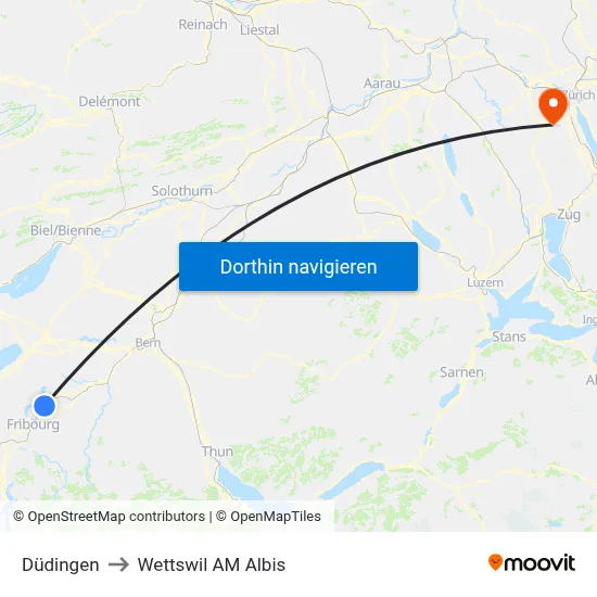 Düdingen to Wettswil AM Albis map