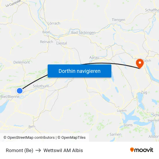 Romont (Be) to Wettswil AM Albis map